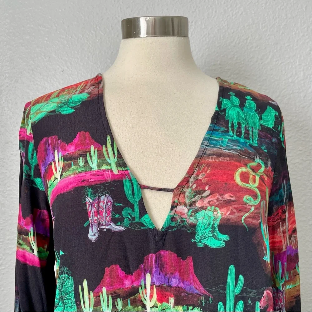 Nasty Gal Black Desert Print V-Neck Rodeo Plunge Minidress Sz 6 New With Tags - Picture 3 of 15